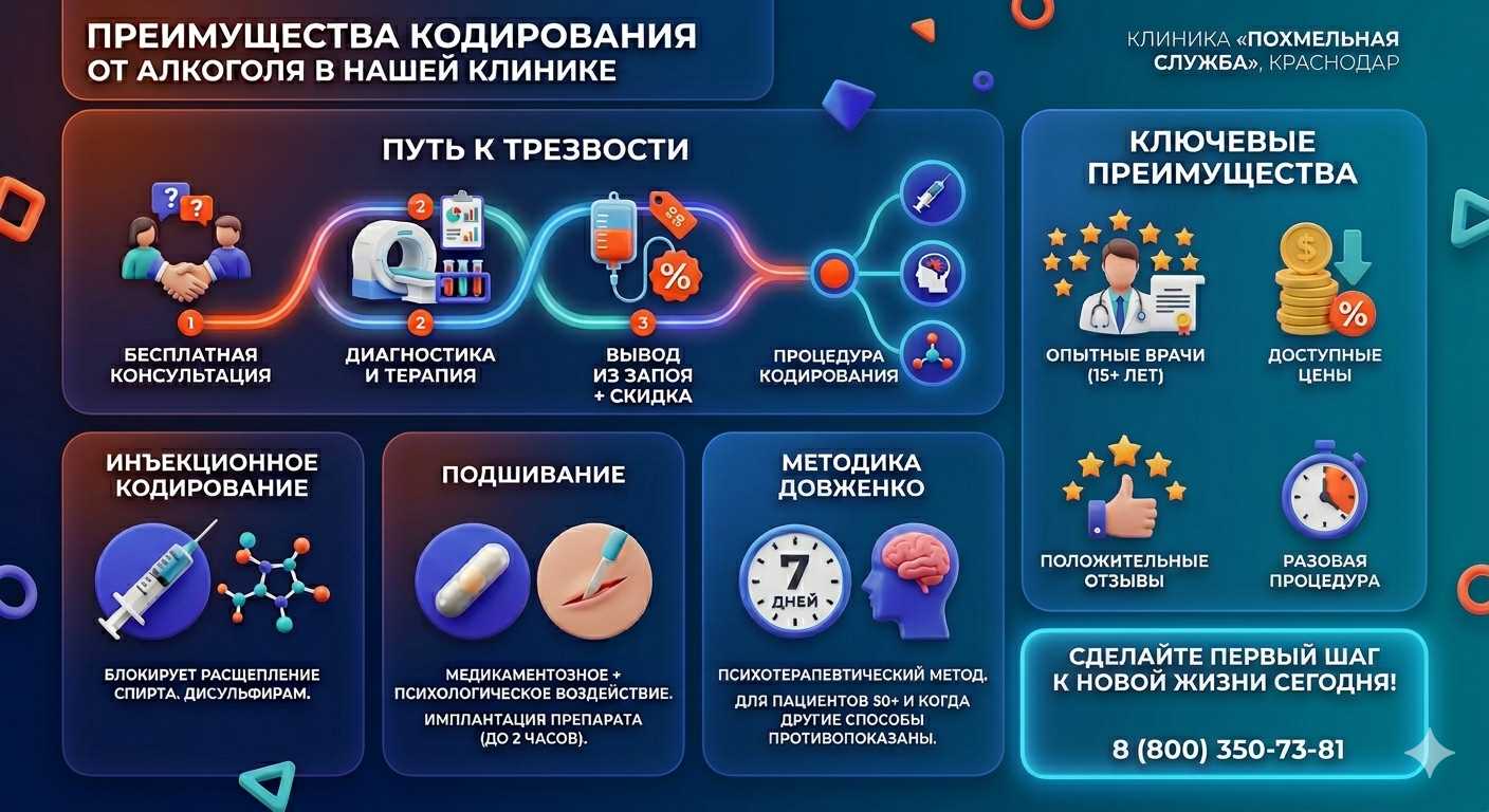 Инфографика о методах кодирования от алкоголя в Арзгире: инъекции, подшивание, метод Довженко. Преимущества клиники и этапы лечения.